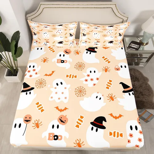 Miniatura 21 de Sábana bajera ajustable de fantasma de Halloween, tamaño individual, sábana de bruja de calabaza de caramelo de dibujos animados, juego de ropa