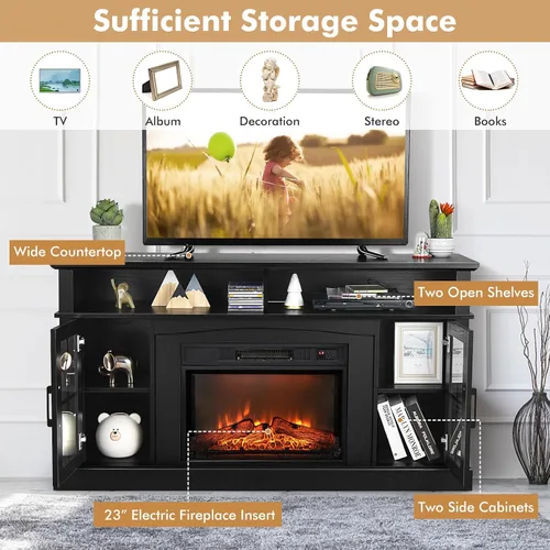 Miniatura 2 de GOFLAME Soporte de TV de 58 pulgadas con inserto de chimenea eléctrica, centro de entretenimiento con chimenea con armarios laterales y estantes