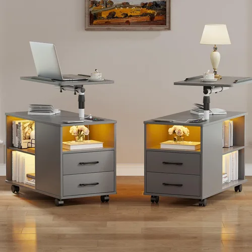 Miniatura 19 de WOOVIVS - Mesita de noche con estación de carga, mesa auxiliar con luces LED, mesa auxiliar inteligente con mesa giratoria ajustable/cajón