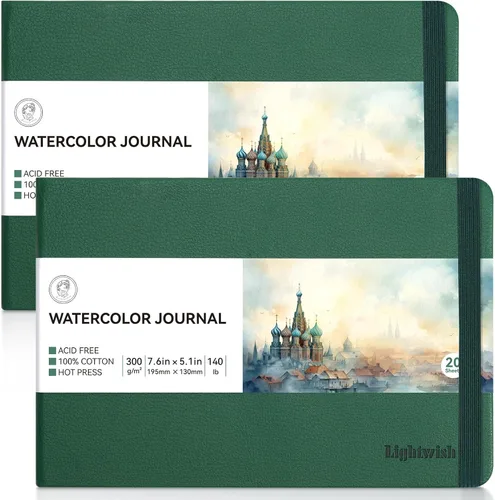 Miniatura 9 de Lightwish Diario de acuarela, paquete de 2 40 hojas, 100% algodón, papel de acuarela de prensa en frío, cuaderno de bocetos de 4.96 x 3.62 pulgadas