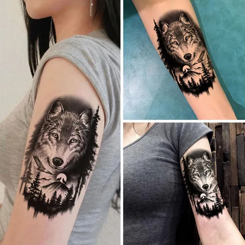 Miniatura 6 de 2 hojas de tatuajes temporales de león, cruz de Jesús, para hombres y mujeres, religiosas, calcomanías falsas de tatuaje, realista, blanco y negro