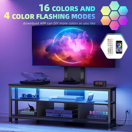 Miniatura 7 de DWVO Soportes de TV negros para sala de estar con toma de corriente, soporte de TV con montaje, centro de entretenimiento LED para TV de 70/65/60