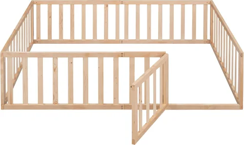Miniatura 5 de Cama de plataforma de tamaño matrimonial con valla, marco de cama de piso de madera maciza con puerta, marco de sofá cama de tamaño matrimonial