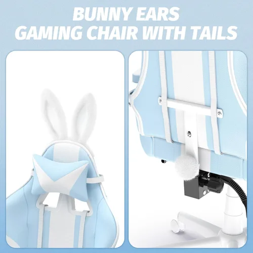 Miniatura 4 de Ferghana Kawaii - Silla de juegos azul claro con orejas de conejo, ergonómica y bonita silla para jugadores con reposapiés y masaje, silla
