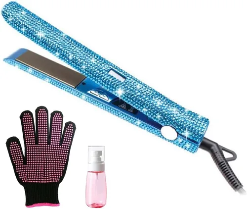 Miniatura 11 de Plancha plana de titanio con magnífico diamante de imitación de cristal, alisador y rizador de pelo 2 en 1, apagado automático de 60 minutos, Rosa