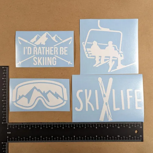 Miniatura 4 de Paquete de 4 calcomanías de esquí: Ski Life, I'd Rather Be Skiing, gafas, telesilla (blanco, grande ~ 5 pulgadas)