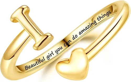 Miniatura 15 de Turandoss Regalos para el día de San Valentín para adolescentes, anillos de oro para niños, chapados en oro de 14 quilates con inicial para letra A