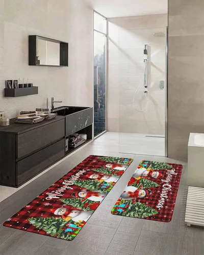 Miniatura 2 de Tapete de baño de muñeco de nieve a cuadros rojos para bañera, antideslizante, de secado rápido y absorbente, tierra de diatomeas para fregadero