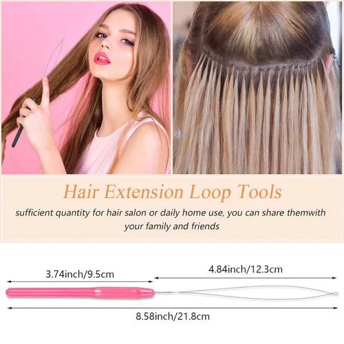Miniatura 3 de Chuangdi 20 piezas de extensión de cabello, enhebrador de aguja para tirar de aguja, dispositivo de cuentas para suministros de extensiones de Rosa
