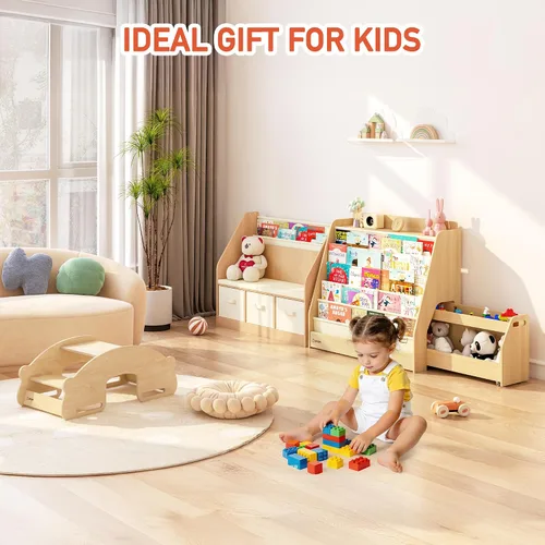 Miniatura 5 de FKWin Estantería infantil 2 en 1 y almacenamiento de juguetes de 5 niveles con carrito rodante, almacenamiento oculto para guardería, sala