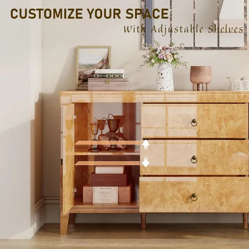 Miniatura 5 de LUXOAK Aparador Buffet de Madera Burl de Alto Brillo de 60'' Mesa Buffet con 3 Cajones y 2 Almacenamientos Cerrados, Aparador Moderno de Mediados