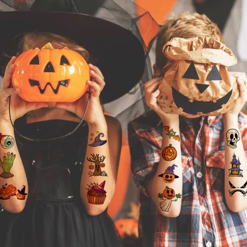 Miniatura 6 de CHARLENT 148 hojas de tatuajes temporales de Halloween para niños, tatuajes individuales de esqueletos de calabaza de Halloween para niños y niñas