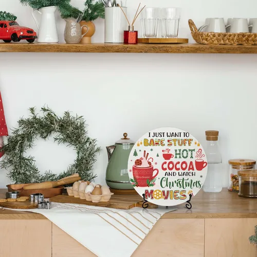 Miniatura 6 de Decoraciones navideñas para el dormitorio del hogar, letrero redondo de madera de cacao caliente con soporte de hierro para estante de mesa de Hot