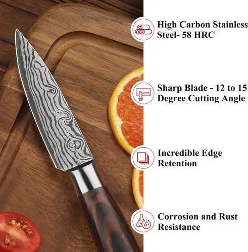 Miniatura 4 de Sunnecko Cuchillo de Cocina Pequeño de 3.5 Pulgadas, Cuchillo Mondador de Acero Inoxidable de Alto Carbono, Cuchillo de Fruta con Mango de Madera