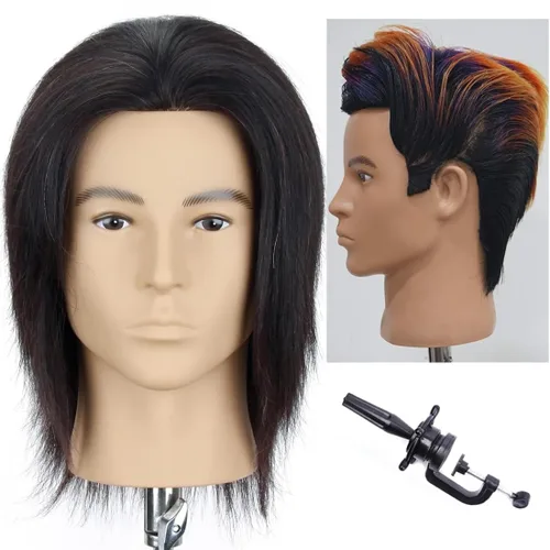 HAIRWAY Cabeza de maniquí masculino de 8 pulgadas, cabeza de maniquí de práctica de peluquero con cabello humano 100% real, cosmetología, Negro