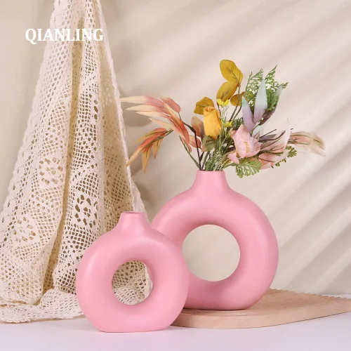 Miniatura 5 de Juego de 2 o 2 jarrones redondos de cerámica rosa, modernos jarrones rosados para centros de mesa, florero para decoración, se aplica a la sala