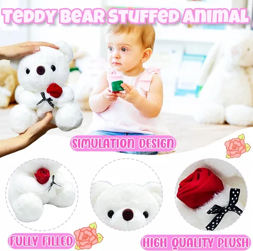 Miniatura 3 de Peluche de Oso Blanco de 10 pulgadas Juguetes de Animales de Peluche con Rosa, Peluches de Oso Polar Kawaii, Juguetes de Peluche de Animales Suaves