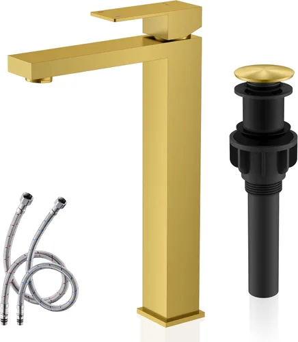 KENES Grifo de Baño Alto de Oro Cepillado, Grifo de Lavabo de Una Sola Manija para Lavabo de Recipiente, Grifo de Baño de Tocador Dorado con Líneas