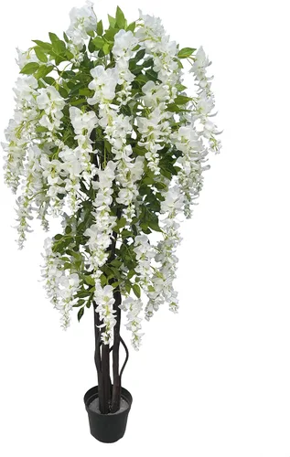 AMERIQUE Árbol artificial de glicina floreciente, hermoso y denso, de 6 pies, blanco crema, preinstalado con maceta de vivero, tecnología Real