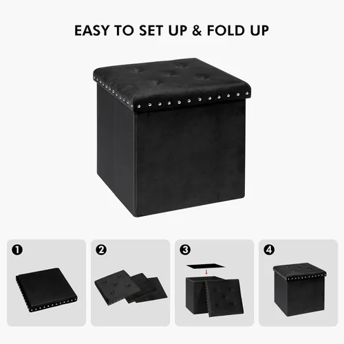 Miniatura 7 de PINPLUS Otomano de almacenamiento plegable negro en forma de cubo, taburete pequeño de terciopelo con diseño de remaches, reposapiés acolchado