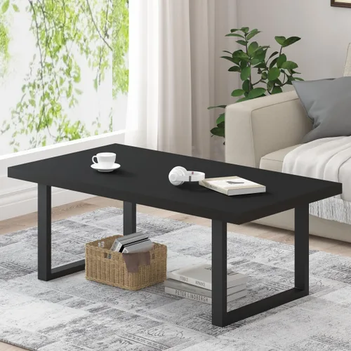 Miniatura 12 de Mesa de café IBF negra, mesa de centro minimalista industrial de madera, mesa moderna y simple rectangular para sala de estar, mesa de café y cóctel
