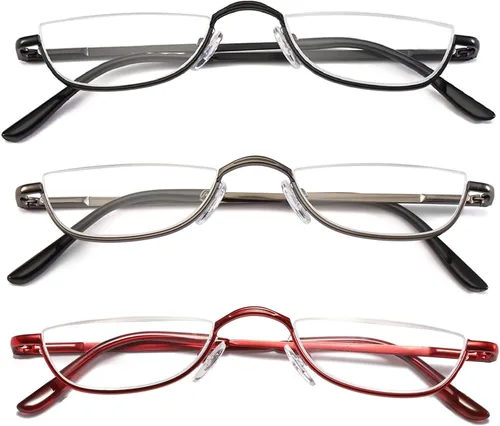 DXYXYO Lentes de lectura de media luna para mujeres y hombres, pequeños lectores de bisagra de resorte de metal con marco semimonar