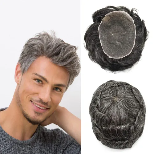 Miniatura 29 de PUNRU HAIR Completo Swiss Lace Toupee para hombres Sistema de cabello humano real Sistema de reemplazo de cabello humano para hombre Toupee