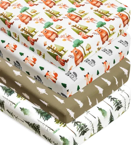 4 paquete de sábanas ajustadas para cuna con animales del bosque de madera en tonos neutros, unisex, para bebés niños o niñas, en negro y blanco