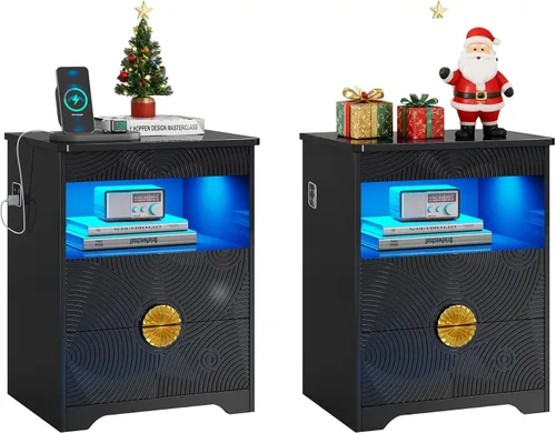 Miniatura 14 de Mesita de noche con cajón para armas, mesa de noche con carga y puerto USB y tipo C, mesita de noche LED con luz sensora humana, mesa auxiliar