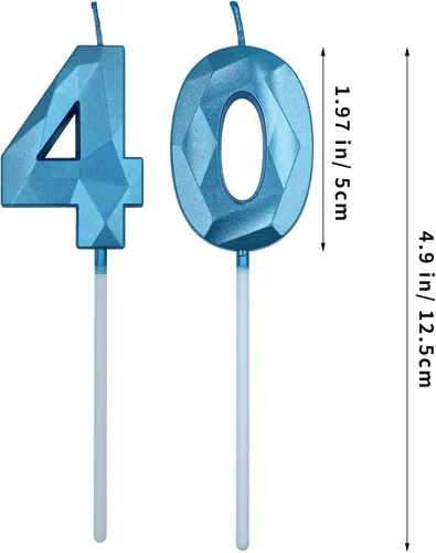 Miniatura 2 de Velas de 40 cumpleaños para pastel, vela azul número 40 en forma de diamante 3D, decoración de cumpleaños, suministros de fiesta para mujeres u
