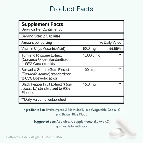 Miniatura 2 de Bettervits Suplemento de curcumina de cúrcuma con pimienta negra y boswellia serrata Suplemento orgánico de cúrcuma de 1000 mg para una mayor