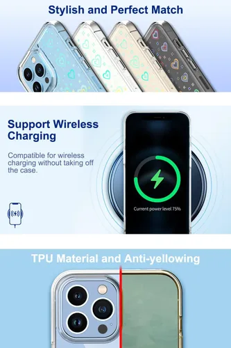 Miniatura 4 de Jusy Compatible con iPhone 13 Pro, funda holográfica con diseño de corazón iridiscente y transparente Kawaii para mujer, diseño de arco iris
