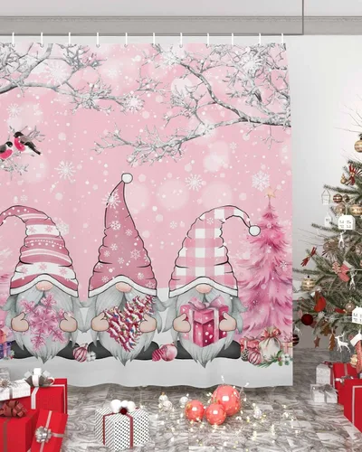 Cortina de ducha de Navidad de fantasía, gnomos rosados, copos de nieve, ramas de árbol, impermeable, lavable, bohemio, divertido, lindo, juego de