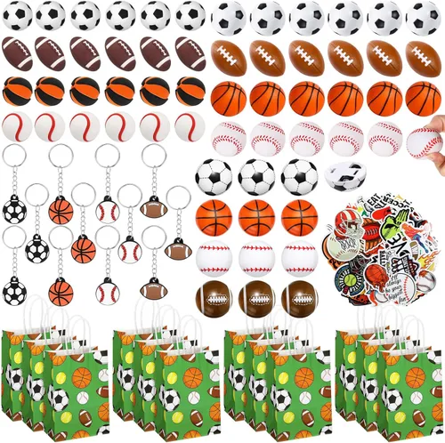Aoriher Juego de 200 piezas de recuerdos de fiesta deportiva, bolsas de regalo para fiestas deportivas, bolas deportivas de espuma, llaveros,