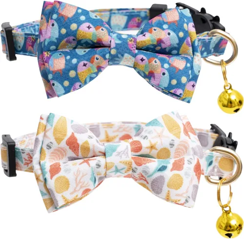 Miniatura 9 de Faygarsle Paquete de 2 collares de gato lindos con campana de moño separable para gatos machos y hembras, patrón de sandía, limón y rosa de lujo
