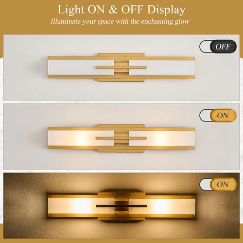 Miniatura 3 de VitaLink Lámpara de tocador dorada, 24 pulgadas, moderna lámpara de pared de baño sobre espejo de tocador, 2 luces cableadas de vidrio blanco