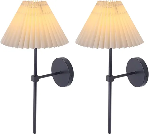 Juegos de 2 apliques de pared, pantalla de lámpara de tela plisada blanca, lámpara de pared negra mate, iluminación de pared con soporte de columna,