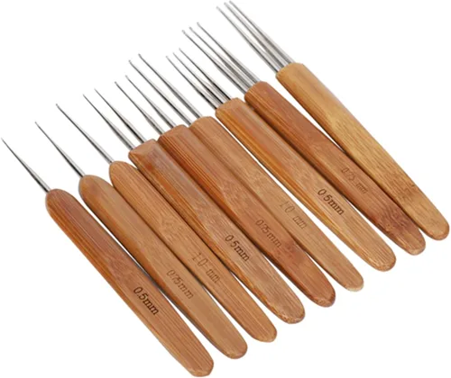 Miniatura 2 de Herramienta de gancho de ganchillo para rastas, 9 unids/set individual doble de tres ganchos, mango de bambú, gancho de ganchillo, aguja trenzada