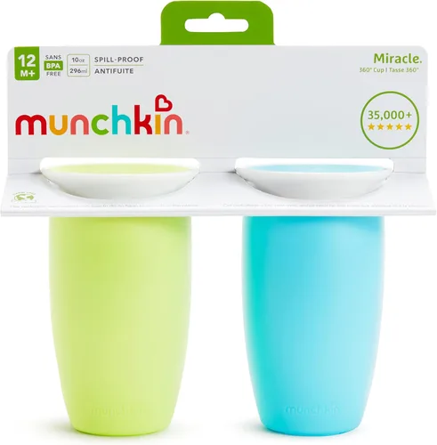 Miniatura 7 de Tazas de sorbo Munchkin para niños pequeños de 1 a 3 años, taza Miracle 360 a prueba de derrames, 295 ml, paquete de 2, verde/azul Azul/Verde