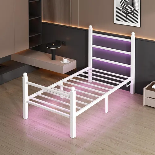 Miniatura 3 de CLIBFENG Base de cama individual con cabecera y estribo, listones de acero, base de cama LED con estación de carga USB, base de colchón