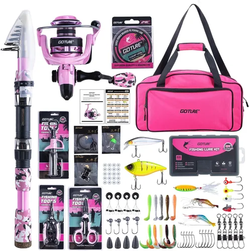Miniatura 19 de Goture Combo de caña de pescar y carrete rosa - Carrete giratorio ML Action con bolsa rosa - Kit de caña telescópica para principiantes, viajes