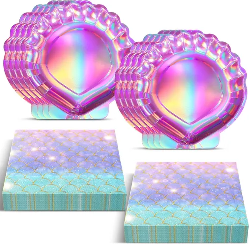Miniatura 8 de Gersoniel Juego de 40 piezas de suministros para fiesta de sirena iridiscente, 20 platos y 20 servilletas con escamas, decoraciones para fiesta