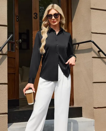 Miniatura 4 de Gleeivy - Camisas abotonadas para mujer, sin arrugas, de manga larga, camisas de vestir casuales con cuello V, ajustadas, de un solo