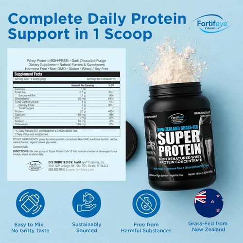 Miniatura 4 de Fortifeye Super New Zealand - Proteína de suero de leche alimentada con pasto sabor a dulce de chocolate amargo, 20 porciones, 1 paquete – Proteína