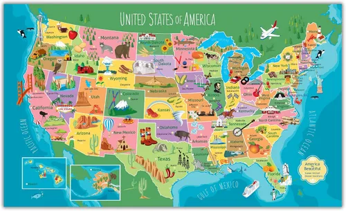 Holy Cow - Lienzo personalizado colorido para niños, mapa de Estados Unidos sobre lienzo, añade nombres, incluye pasadores para marcar viajes, mapa