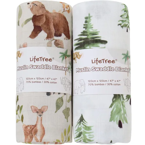 LifeTree - Mantas de muselina para envolver al bebé, de bambú para habitación del bebé, manta de recepción unisex para niños y niñas, suave 70%