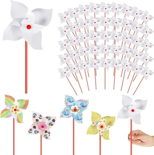 Simgoing 200 molinetes de bricolaje para niños, papel de recuerdo de fiesta, kits de manualidades de verano, molinetes blancos a granel para la