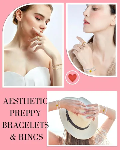 Miniatura 33 de Preppy Heishi - Juego de pulseras de surfista para niñas adolescentes, bonitos aretes estéticos, anillos estéticos preppy coloridos de oro blanco