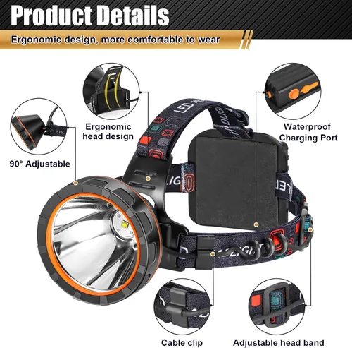 Miniatura 2 de Linterna frontal LED recargable, faro frontal impermeable súper brillante, linterna para casco duro para la caza de mapaches, pesca, camping