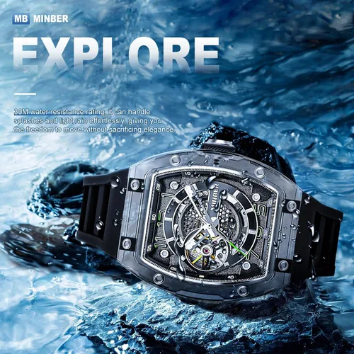 Miniatura 3 de MINBER Reloj automático de esqueleto, esfera de 1.693 in con manecillas luminosas, reloj de cuerda automática, resistente al agua 3 ATM, plástico
